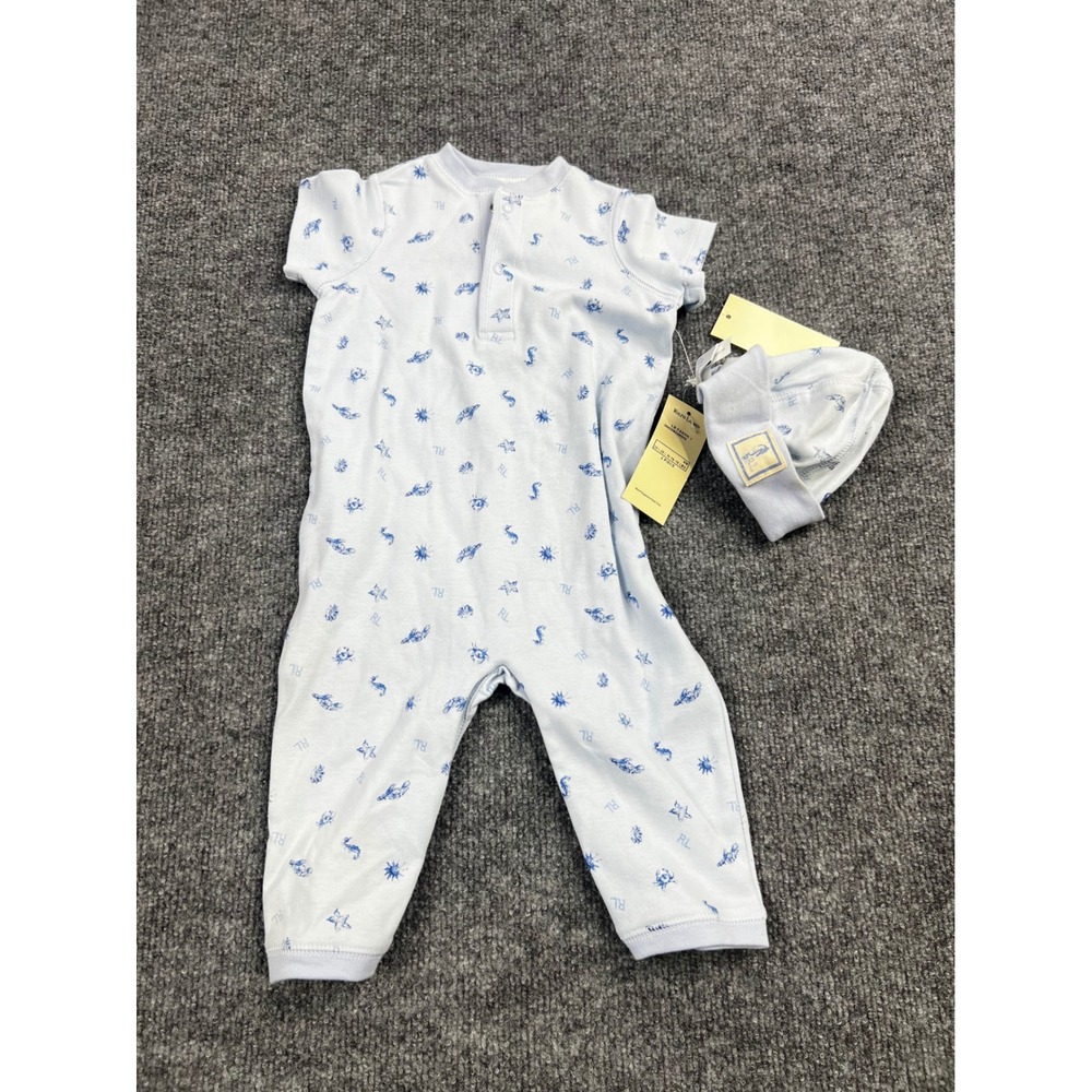 Ralph Lauren Baby Boys Blue Nautical Seahorse Cotton Coverall & Hat Set 9M NEW
